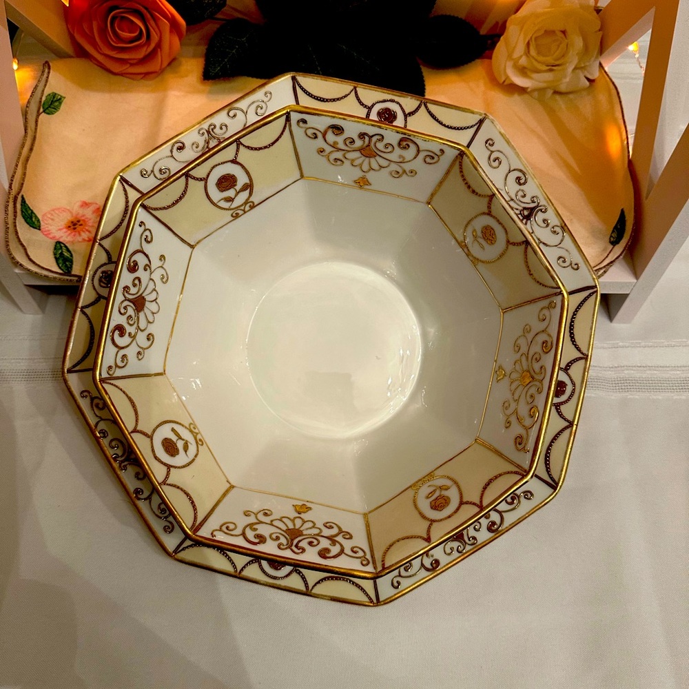Early Nippon Gold And White Serving Bowl and Underplate